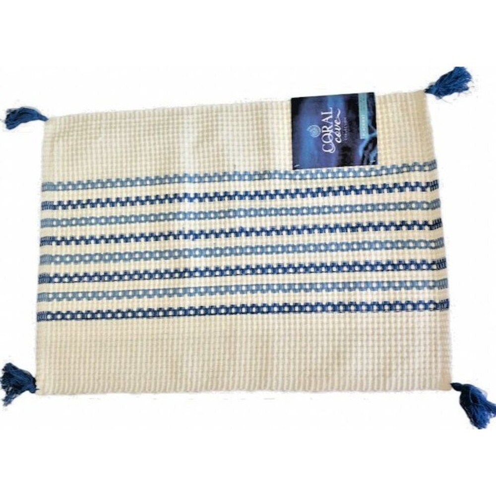 Coral Cove Placemats Ivory Blue Stripe 19"x14" Tassels Everyday Set of 4
